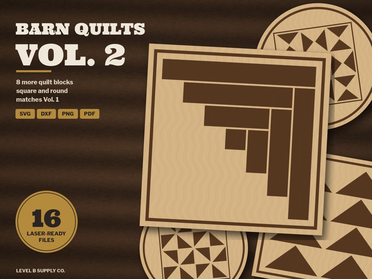 Barn Quilts Vol. 2 laser files: Log Cabin and other quilt blocks on square and round wood coasters