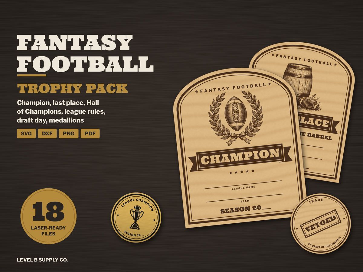 Fantasy Football Trophy Pack laser files: a Champion plaque, a Bottom of the Barrel last place plaque, a gold champion medallion and a Trade Vetoed coaster