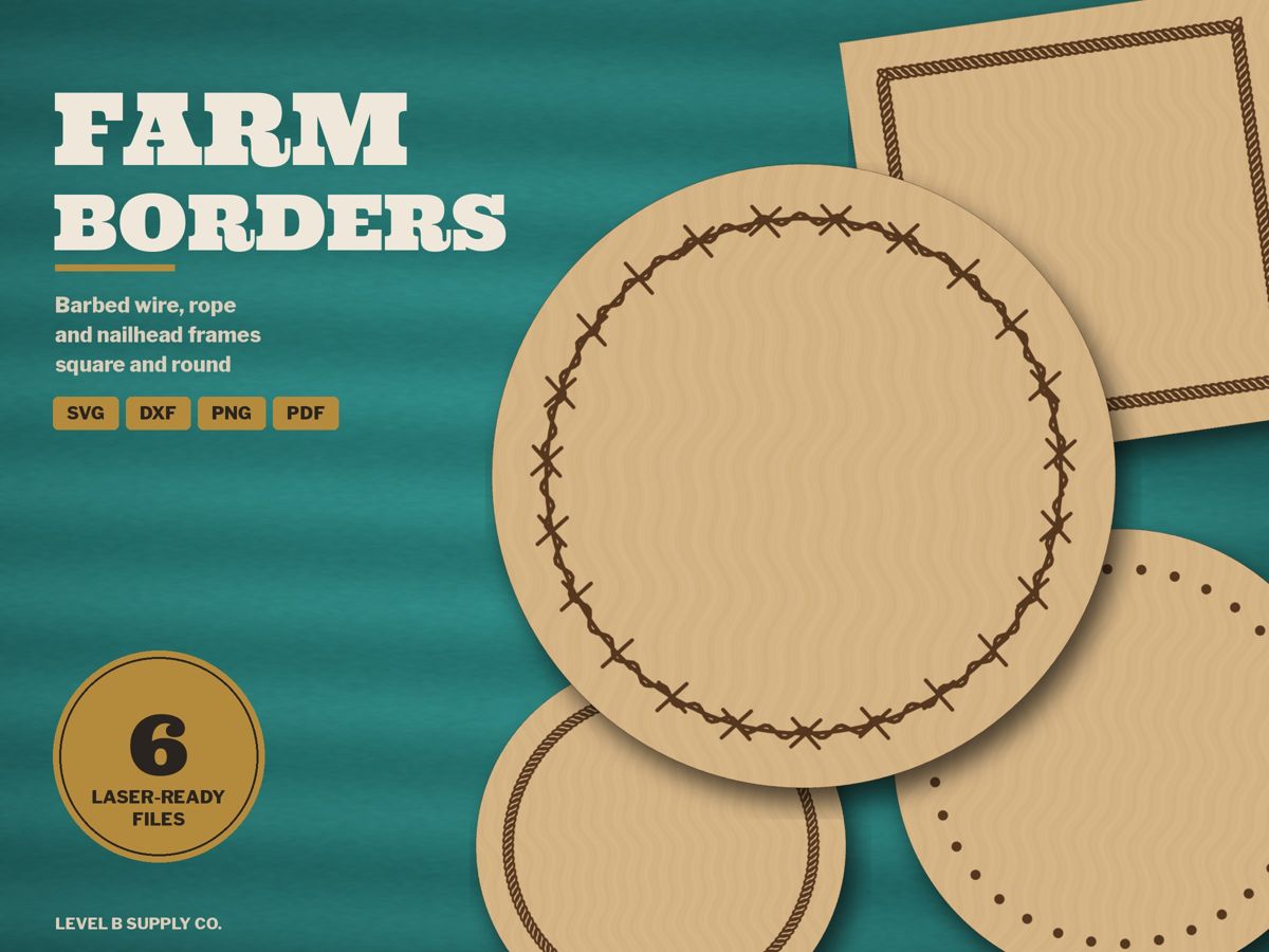 Farm Borders laser files: barbed wire, rope and nailhead borders on square and round wood coasters