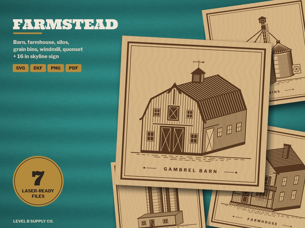 Farmstead laser files: gambrel barn, farmhouse, silo and grain bin coasters engraved on wood