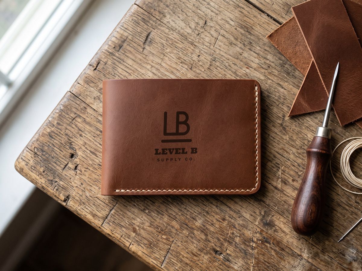 Brown leather card wallet engraved with the Level B mark